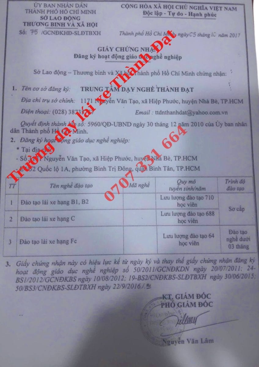 Giấy phép đào tạo lái xe Trường dạy Lái xe Thành Đạt - Trường dạy lái xe uy tín tại TPHCM