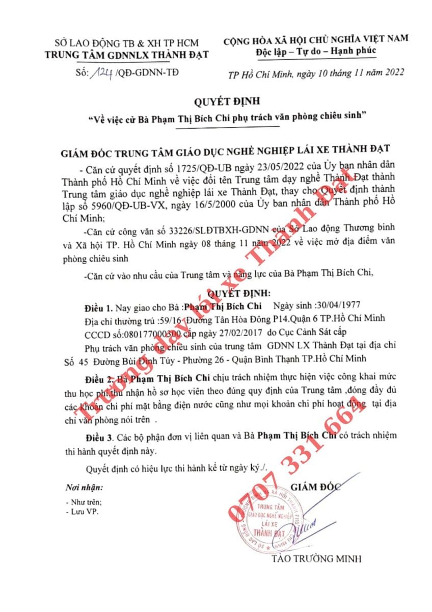 Giấy phép tuyển sinh Trường dạy Lái xe Thành Đạt - Trường dạy lái xe uy tín tại TPHCM